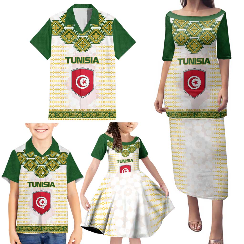 Tunisia Flag Traditional Tribal Pattern Green and White Pullover Family Matching Puletasi and Hawaiian Shirt with National Crest and Emblem