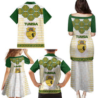 Tunisia Flag Traditional Tribal Pattern Green and White Pullover Family Matching Puletasi and Hawaiian Shirt with National Crest and Emblem