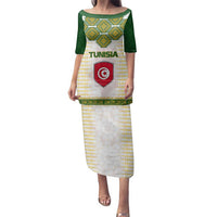 Tunisia Flag Traditional Tribal Pattern Green and White Pullover Family Matching Puletasi and Hawaiian Shirt with National Crest and Emblem