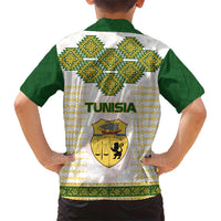 Tunisia Flag Traditional Tribal Pattern Green and White Pullover Family Matching Short Sleeve Bodycon Dress and Hawaiian Shirt with National Crest and Emblem