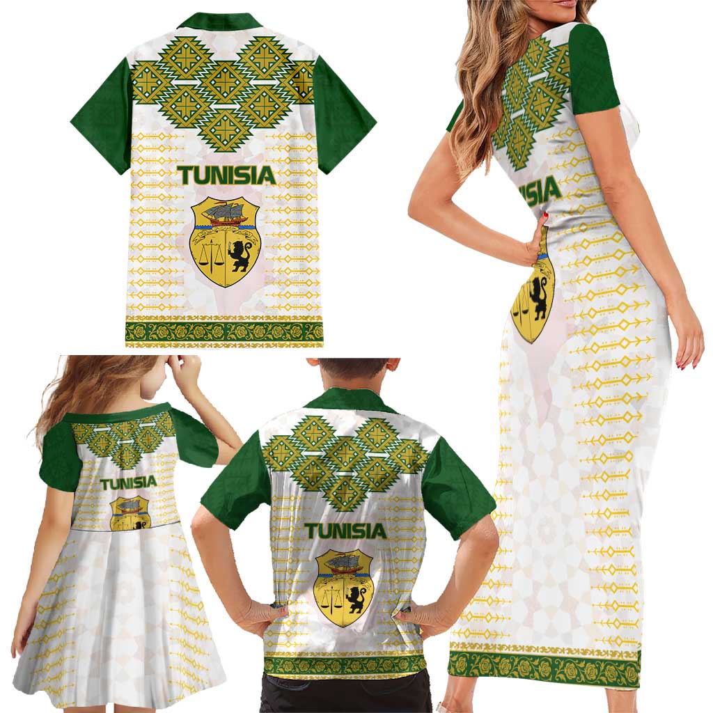 Tunisia Flag Traditional Tribal Pattern Green and White Pullover Family Matching Short Sleeve Bodycon Dress and Hawaiian Shirt with National Crest and Emblem
