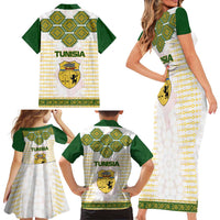 Tunisia Flag Traditional Tribal Pattern Green and White Pullover Family Matching Short Sleeve Bodycon Dress and Hawaiian Shirt with National Crest and Emblem