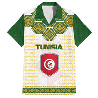 Tunisia Flag Traditional Tribal Pattern Green and White Pullover Family Matching Short Sleeve Bodycon Dress and Hawaiian Shirt with National Crest and Emblem