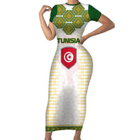 Tunisia Flag Traditional Tribal Pattern Green and White Pullover Family Matching Short Sleeve Bodycon Dress and Hawaiian Shirt with National Crest and Emblem