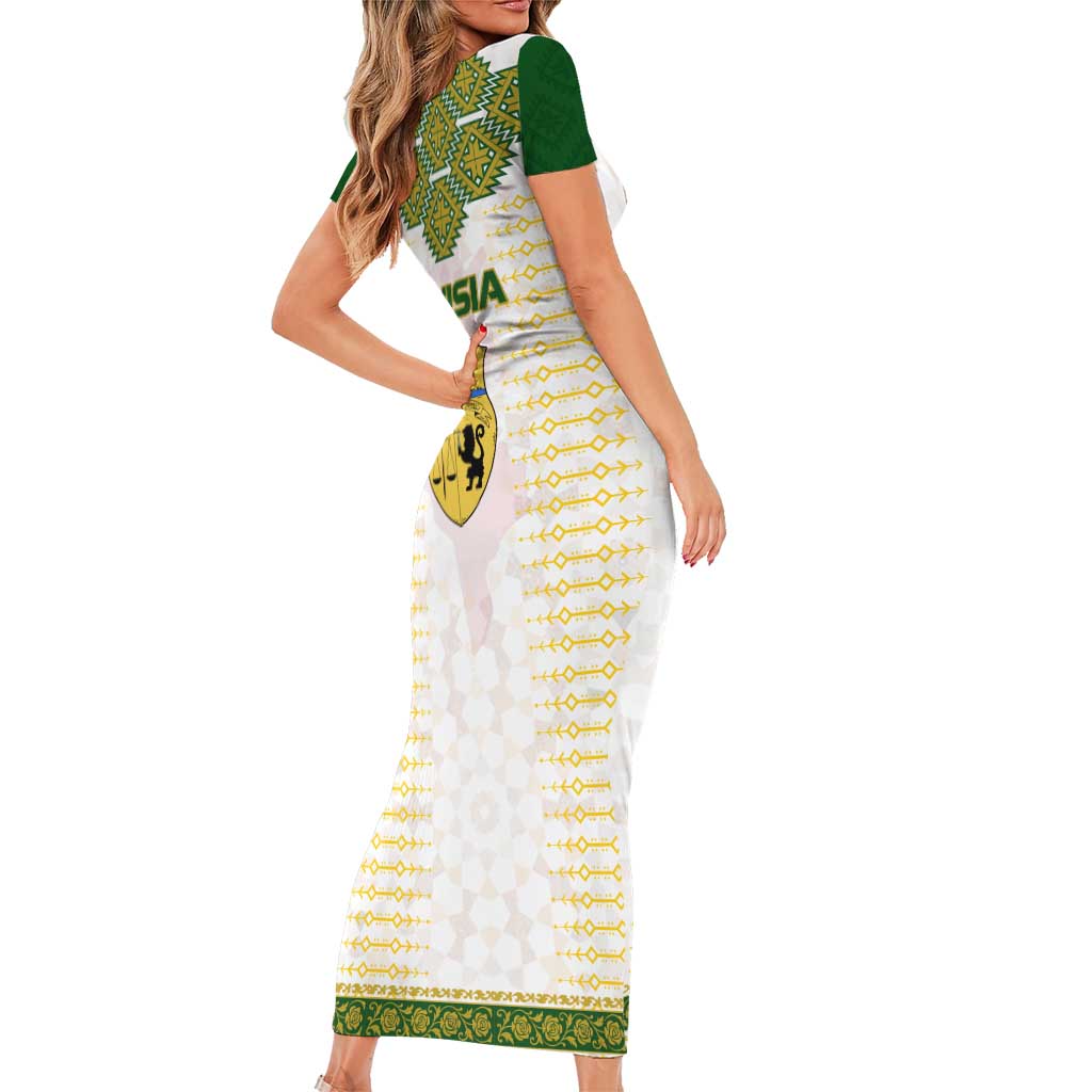 Tunisia Flag Traditional Tribal Pattern Green and White Pullover Family Matching Short Sleeve Bodycon Dress and Hawaiian Shirt with National Crest and Emblem