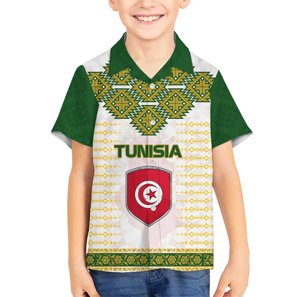 Tunisia Flag Traditional Tribal Pattern Green and White Pullover Family Matching Short Sleeve Bodycon Dress and Hawaiian Shirt with National Crest and Emblem