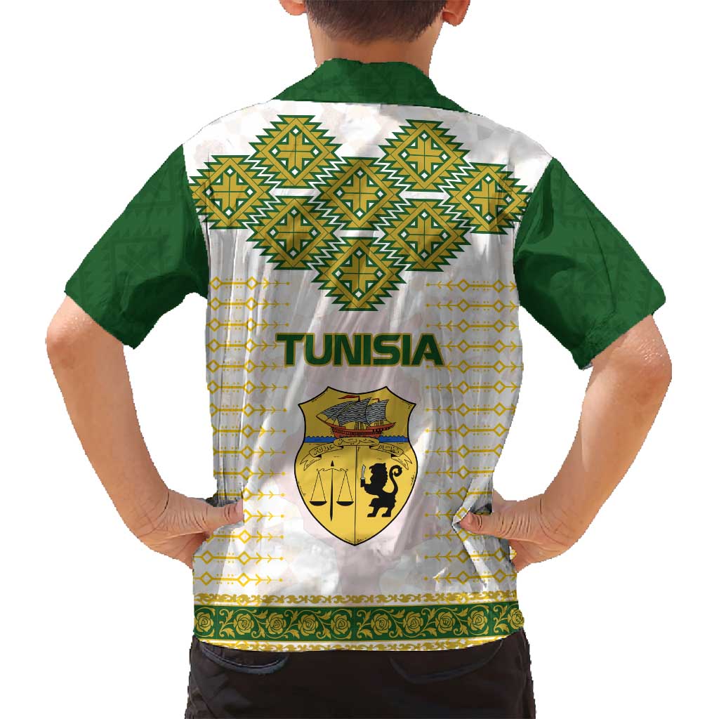Tunisia Flag Traditional Tribal Pattern Green and White Pullover Family Matching Summer Maxi Dress and Hawaiian Shirt with National Crest and Emblem
