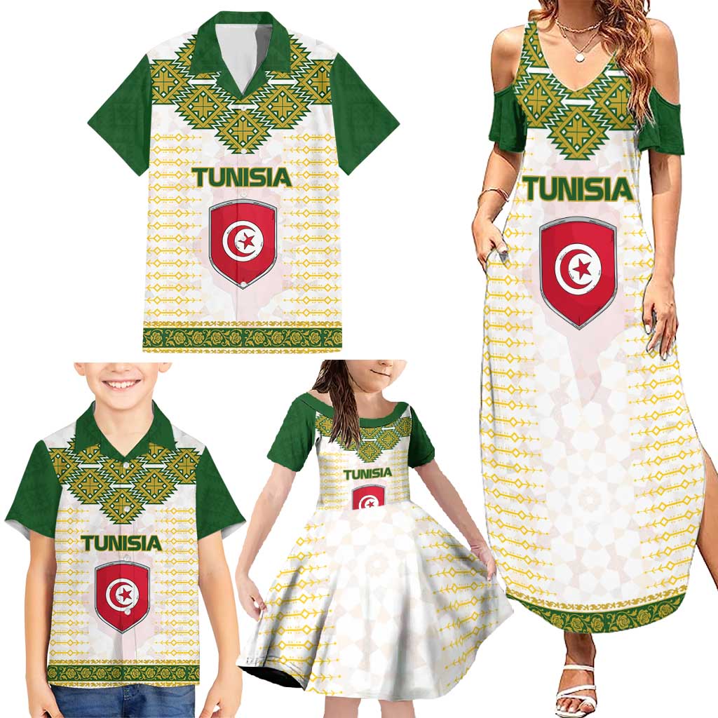 Tunisia Flag Traditional Tribal Pattern Green and White Pullover Family Matching Summer Maxi Dress and Hawaiian Shirt with National Crest and Emblem