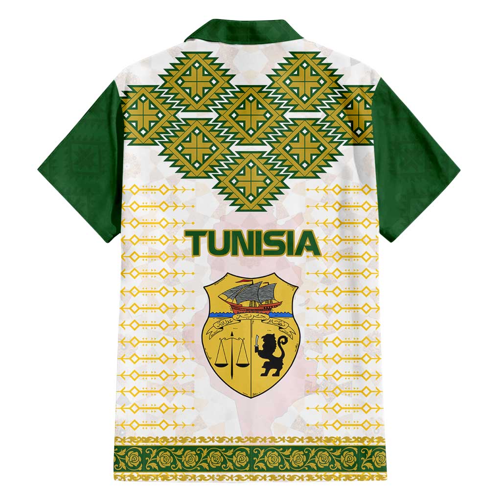 Tunisia Flag Traditional Tribal Pattern Green and White Pullover Family Matching Summer Maxi Dress and Hawaiian Shirt with National Crest and Emblem