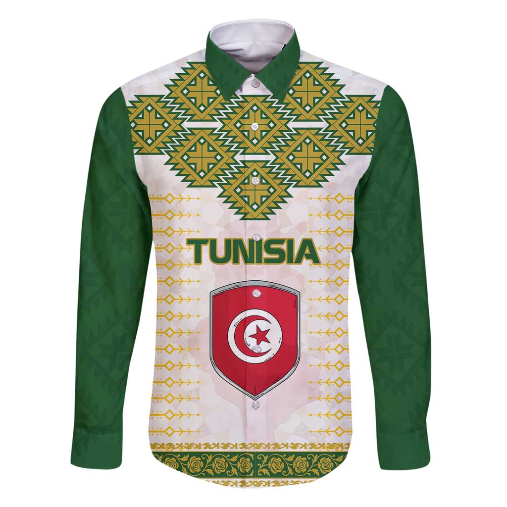 Tunisia Flag Traditional Tribal Pattern Green and White Pullover Family Matching Summer Maxi Dress and Hawaiian Shirt with National Crest and Emblem