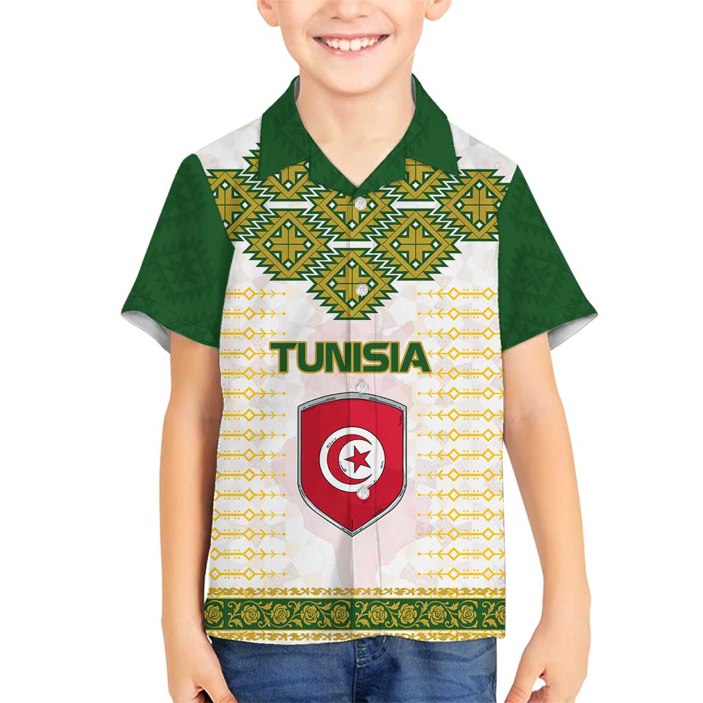 Tunisia Flag Traditional Tribal Pattern Green and White Pullover Family Matching Summer Maxi Dress and Hawaiian Shirt with National Crest and Emblem