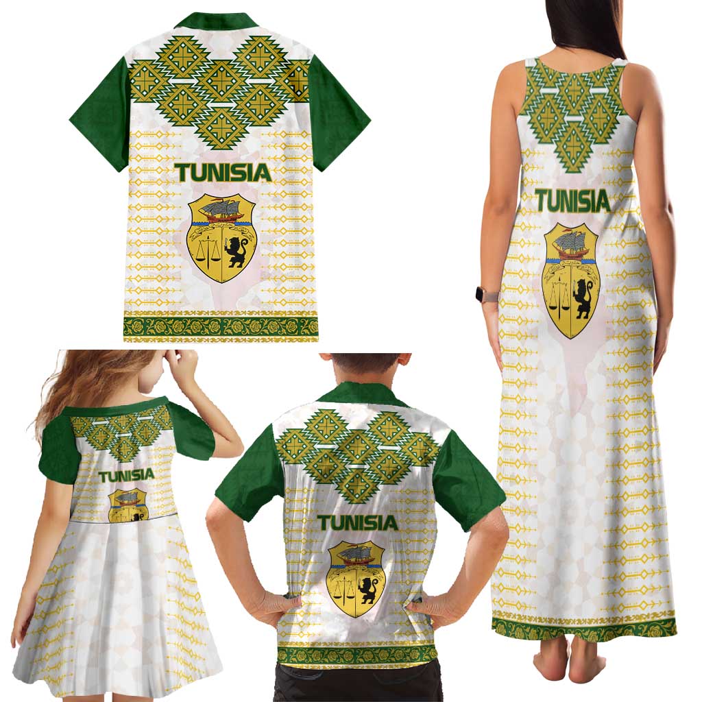 Tunisia Flag Traditional Tribal Pattern Green and White Pullover Family Matching Tank Maxi Dress and Hawaiian Shirt with National Crest and Emblem