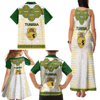 Tunisia Flag Traditional Tribal Pattern Green and White Pullover Family Matching Tank Maxi Dress and Hawaiian Shirt with National Crest and Emblem