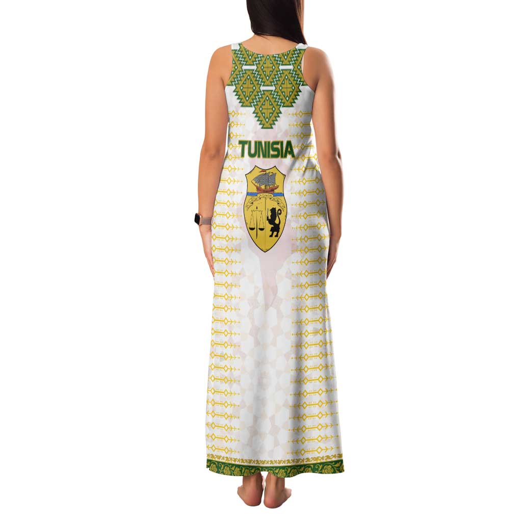 Tunisia Flag Traditional Tribal Pattern Green and White Pullover Family Matching Tank Maxi Dress and Hawaiian Shirt with National Crest and Emblem