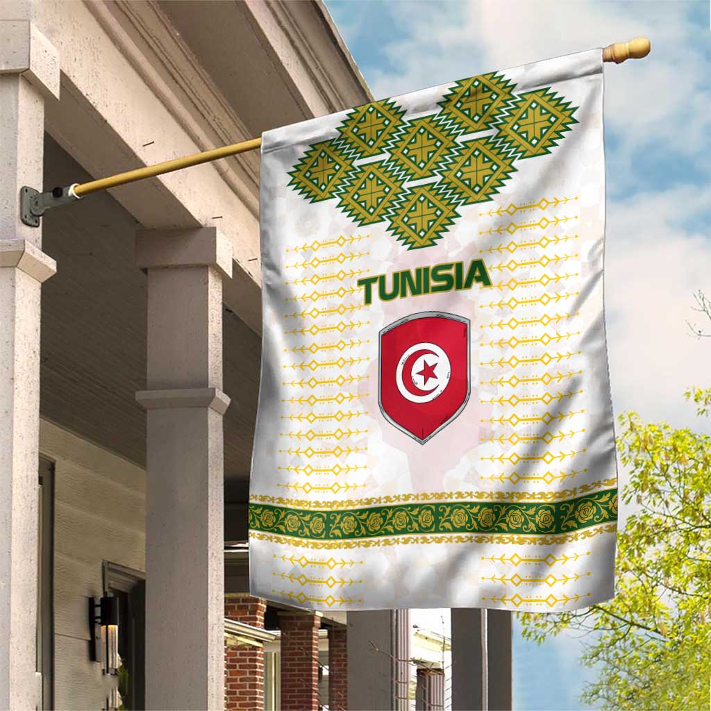 Tunisia Flag Traditional Tribal Pattern Green and White Pullover Garden Flag with National Crest and Emblem