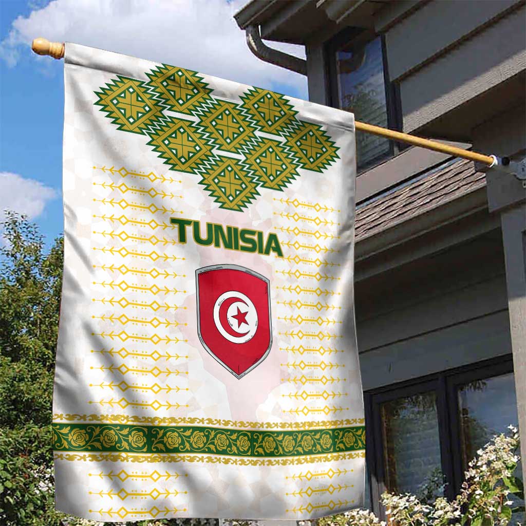 Tunisia Flag Traditional Tribal Pattern Green and White Pullover Garden Flag with National Crest and Emblem