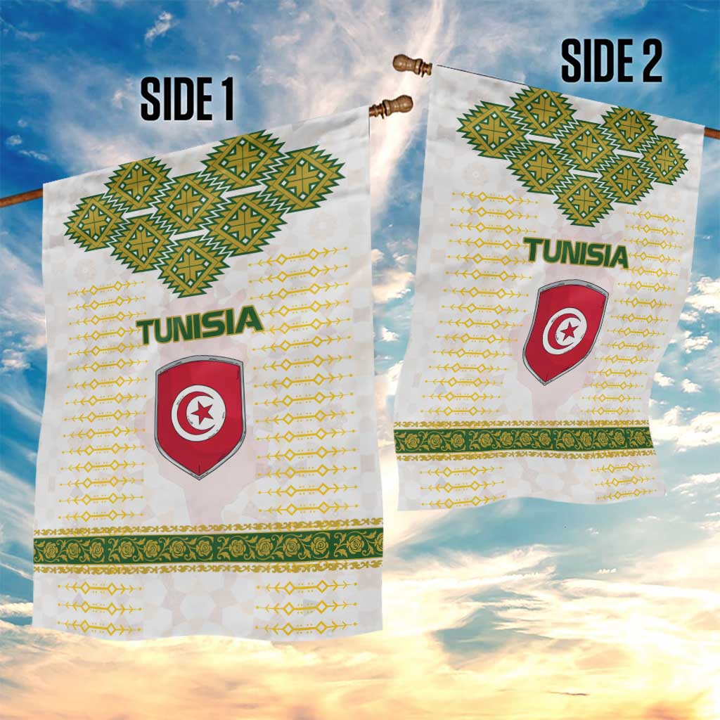 Tunisia Flag Traditional Tribal Pattern Green and White Pullover Garden Flag with National Crest and Emblem