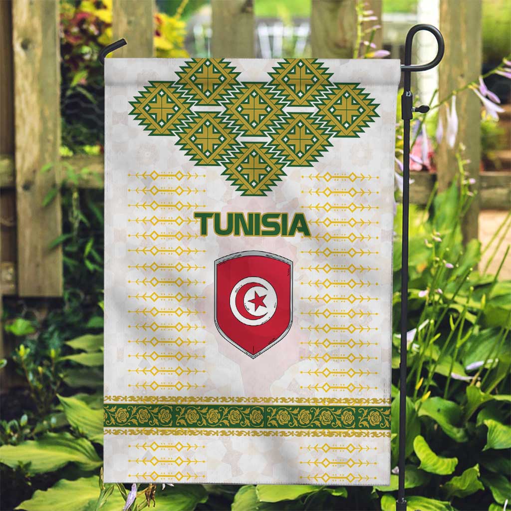 Tunisia Flag Traditional Tribal Pattern Green and White Pullover Garden Flag with National Crest and Emblem