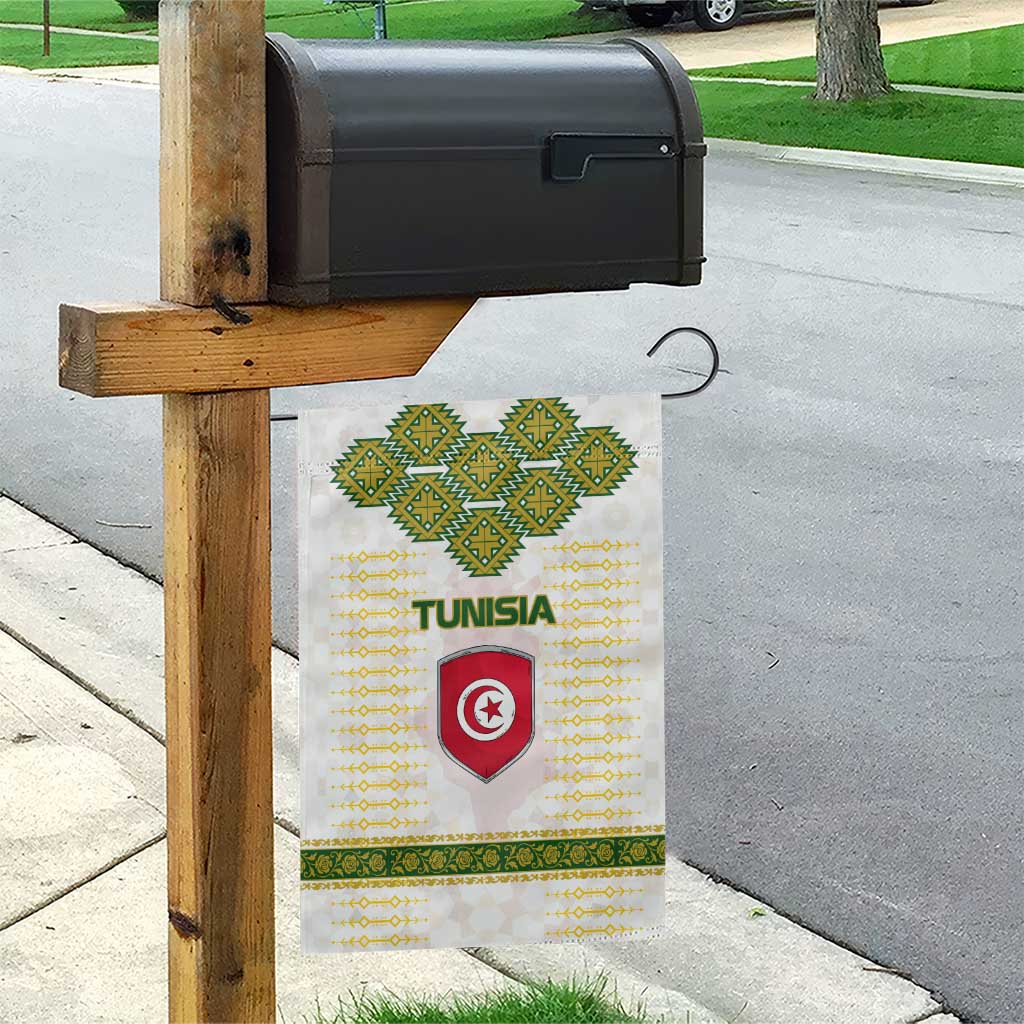 Tunisia Flag Traditional Tribal Pattern Green and White Pullover Garden Flag with National Crest and Emblem