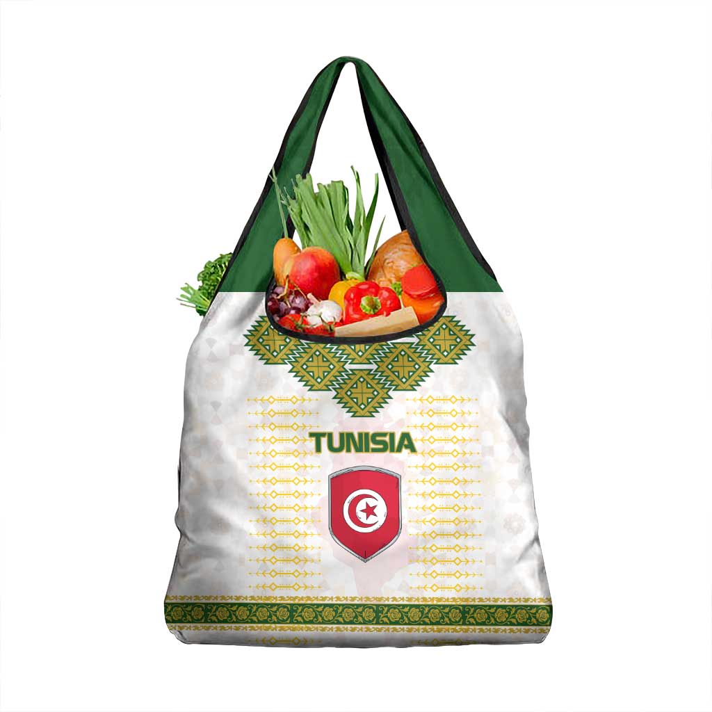 Tunisia Flag Traditional Tribal Pattern Green and White Pullover Grocery Bag with National Crest and Emblem