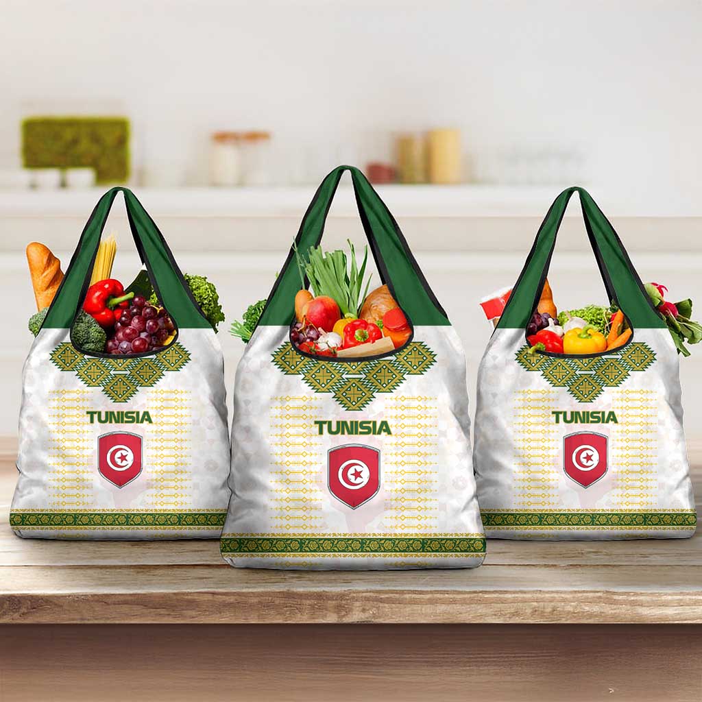 Tunisia Flag Traditional Tribal Pattern Green and White Pullover Grocery Bag with National Crest and Emblem