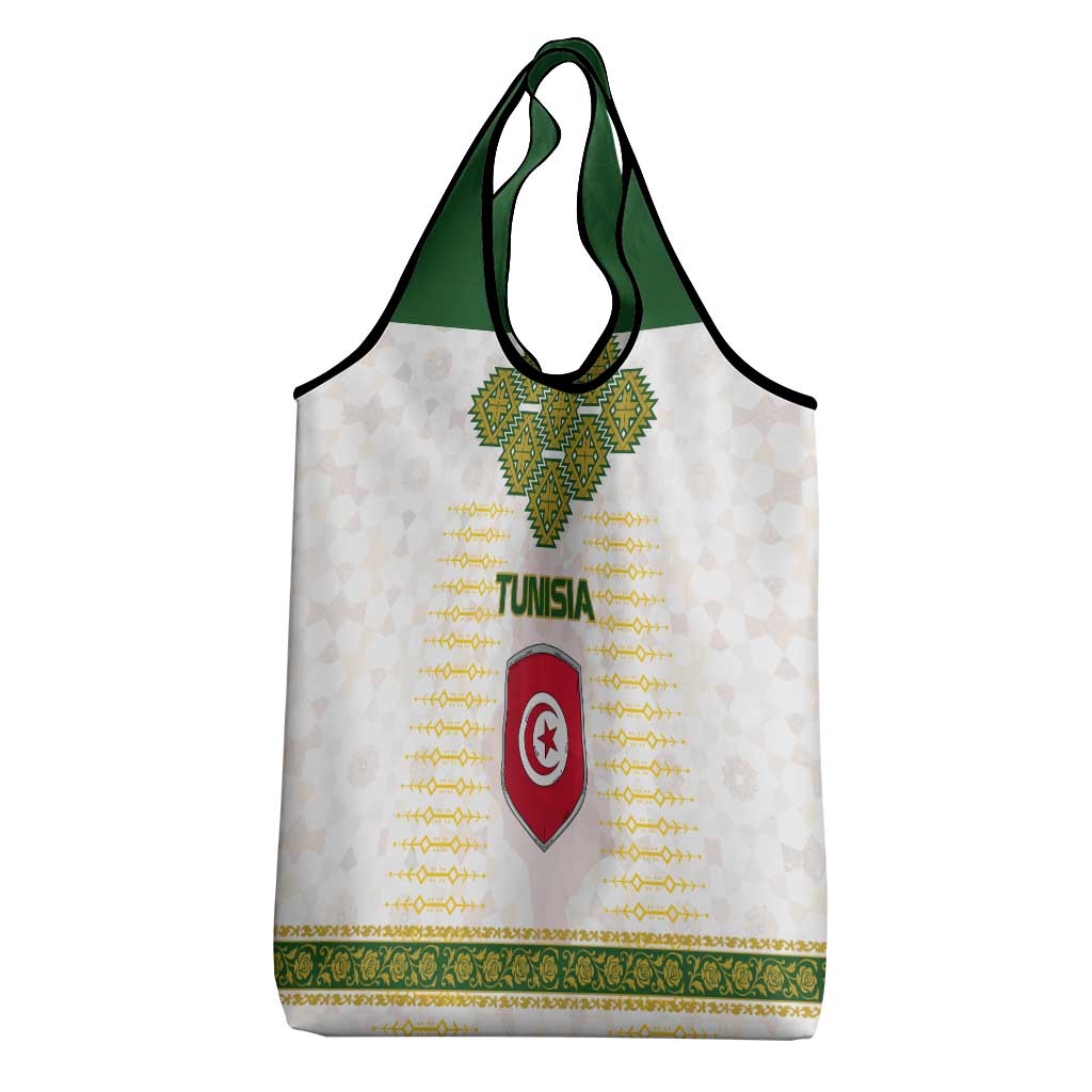 Tunisia Flag Traditional Tribal Pattern Green and White Pullover Grocery Bag with National Crest and Emblem