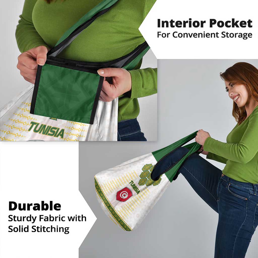Tunisia Flag Traditional Tribal Pattern Green and White Pullover Grocery Bag with National Crest and Emblem