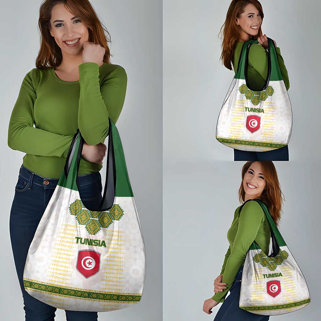 Tunisia Flag Traditional Tribal Pattern Green and White Pullover Grocery Bag with National Crest and Emblem