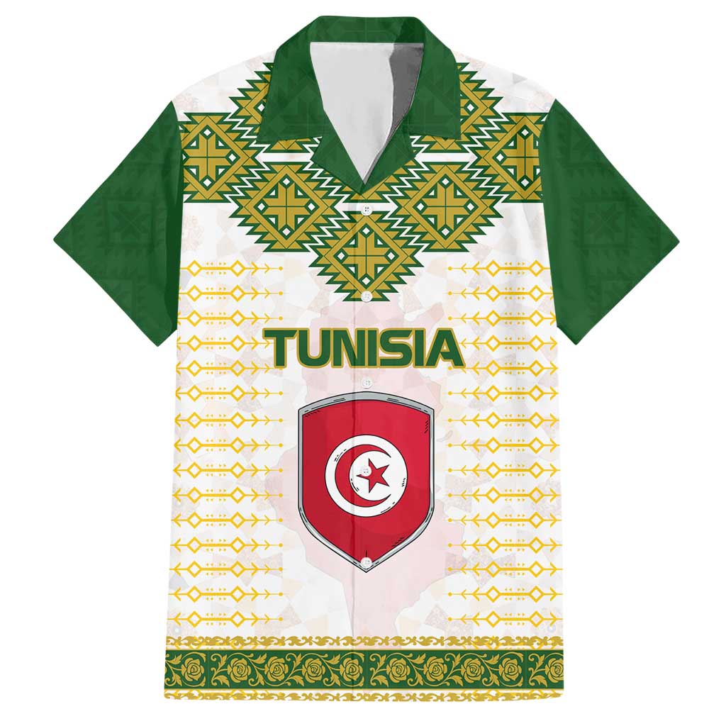 Tunisia Flag Traditional Tribal Pattern Green and White Pullover Hawaiian Shirt with National Crest and Emblem