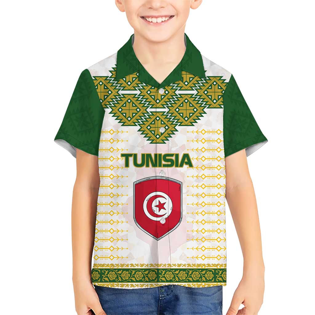 Tunisia Flag Traditional Tribal Pattern Green and White Pullover Hawaiian Shirt with National Crest and Emblem