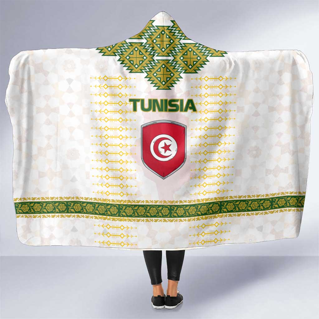 Tunisia Flag Traditional Tribal Pattern Green and White Pullover Hooded Blanket with National Crest and Emblem