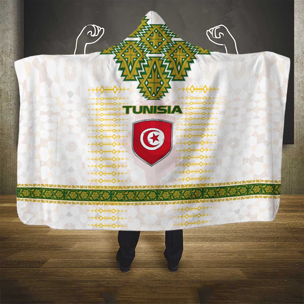 Tunisia Flag Traditional Tribal Pattern Green and White Pullover Hooded Blanket with National Crest and Emblem