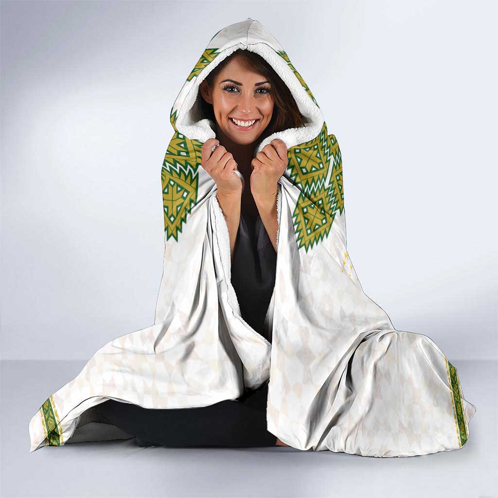 Tunisia Flag Traditional Tribal Pattern Green and White Pullover Hooded Blanket with National Crest and Emblem