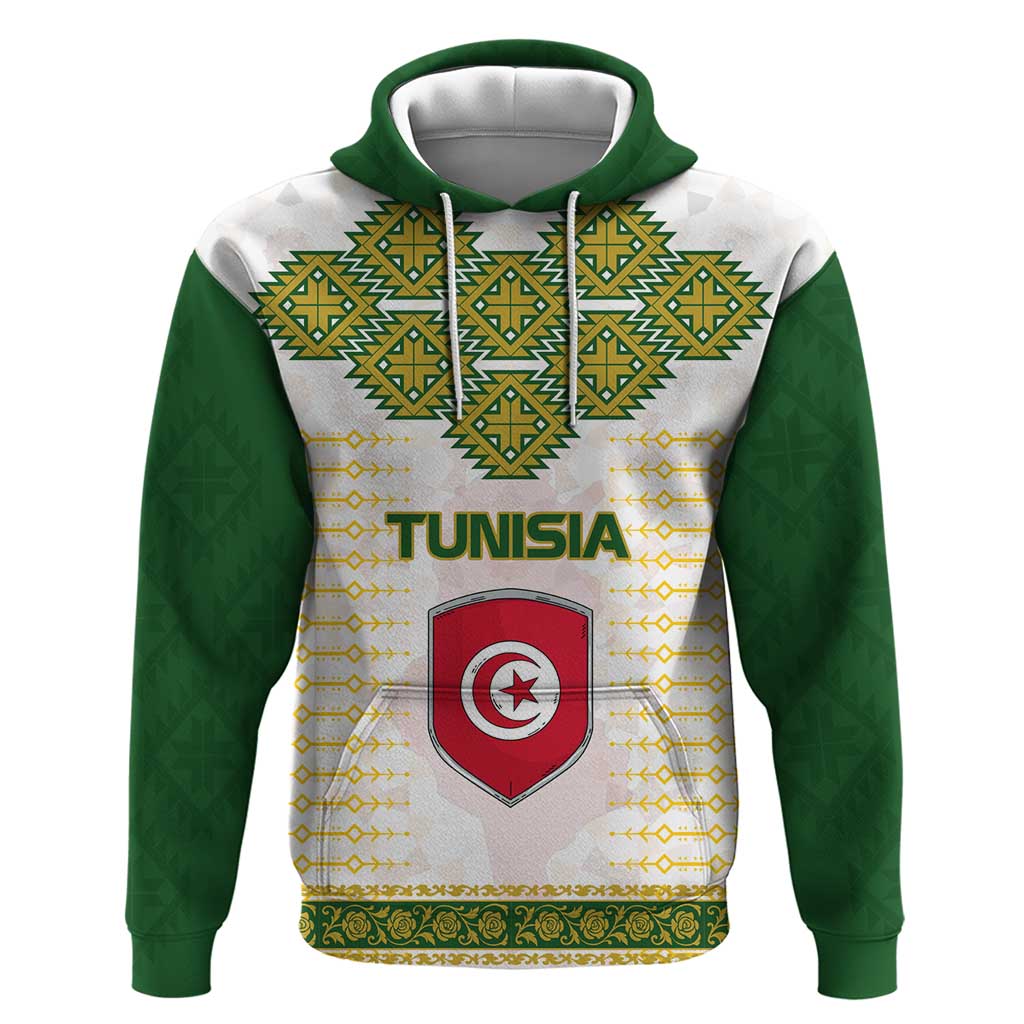 Tunisia Flag Traditional Tribal Pattern Green and White Pullover Hoodie with National Crest and Emblem