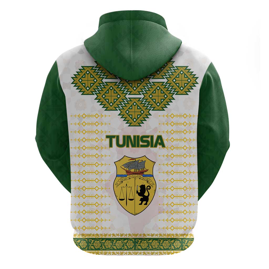 Tunisia Flag Traditional Tribal Pattern Green and White Pullover Hoodie with National Crest and Emblem
