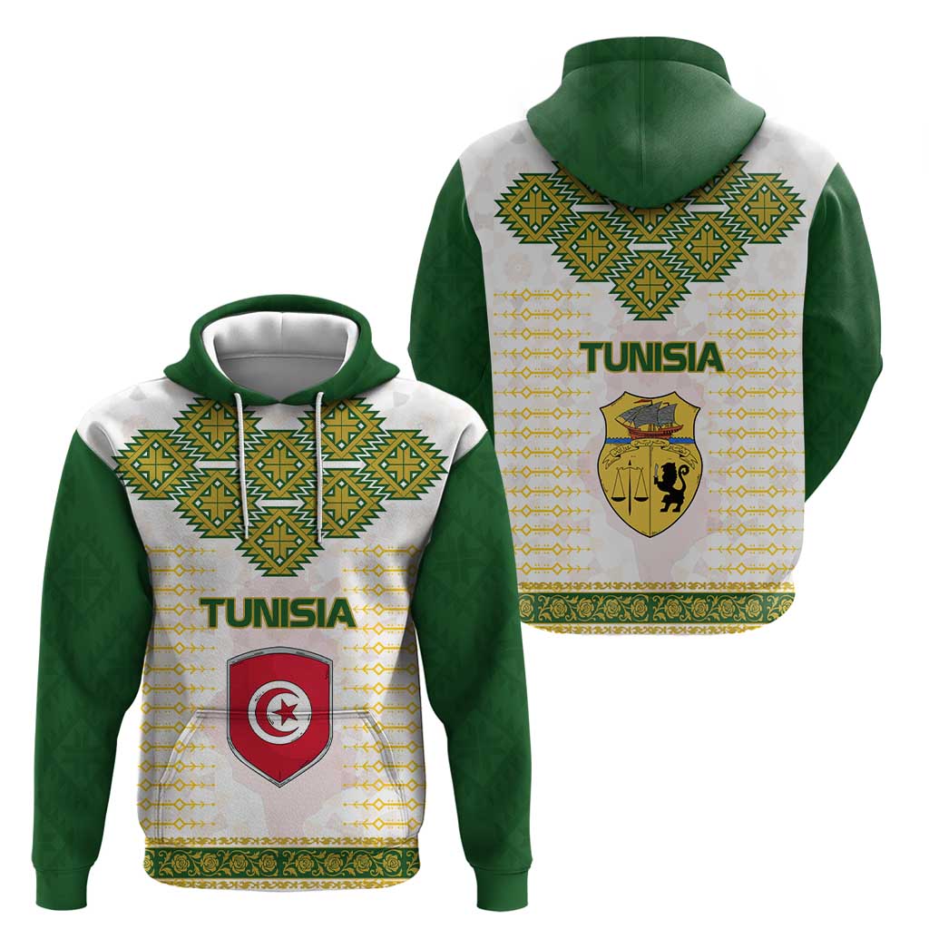 Tunisia Flag Traditional Tribal Pattern Green and White Pullover Hoodie with National Crest and Emblem