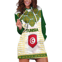 Tunisia Flag Traditional Tribal Pattern Green and White Pullover Hoodie Dress with National Crest and Emblem
