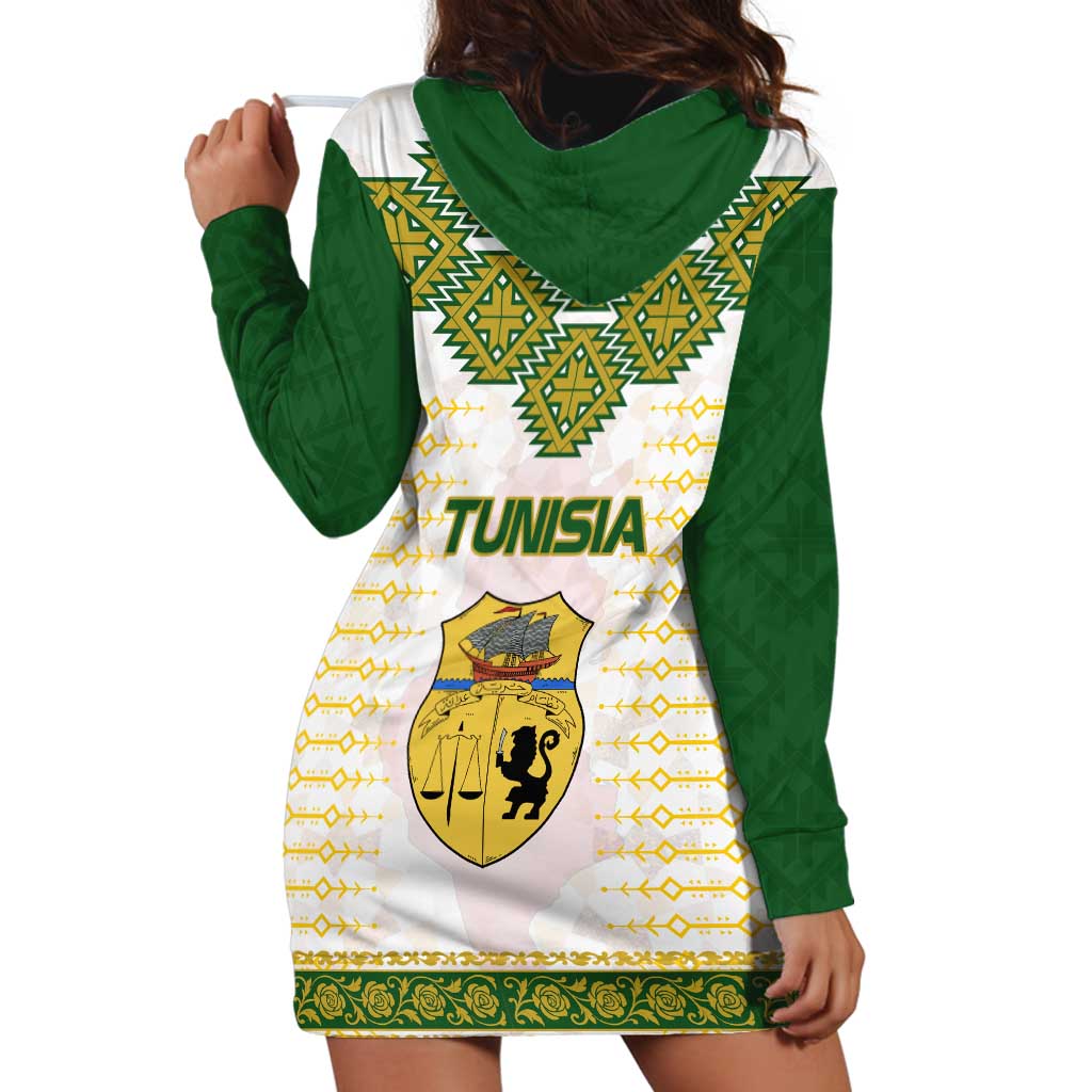 Tunisia Flag Traditional Tribal Pattern Green and White Pullover Hoodie Dress with National Crest and Emblem