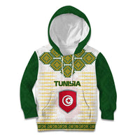 Tunisia Flag Traditional Tribal Pattern Green and White Pullover Kid Hoodie with National Crest and Emblem