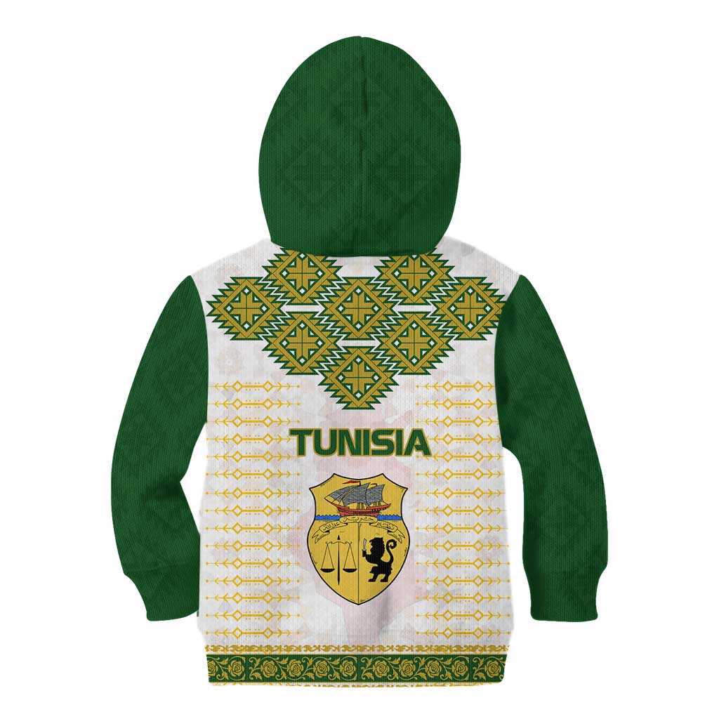 Tunisia Flag Traditional Tribal Pattern Green and White Pullover Kid Hoodie with National Crest and Emblem