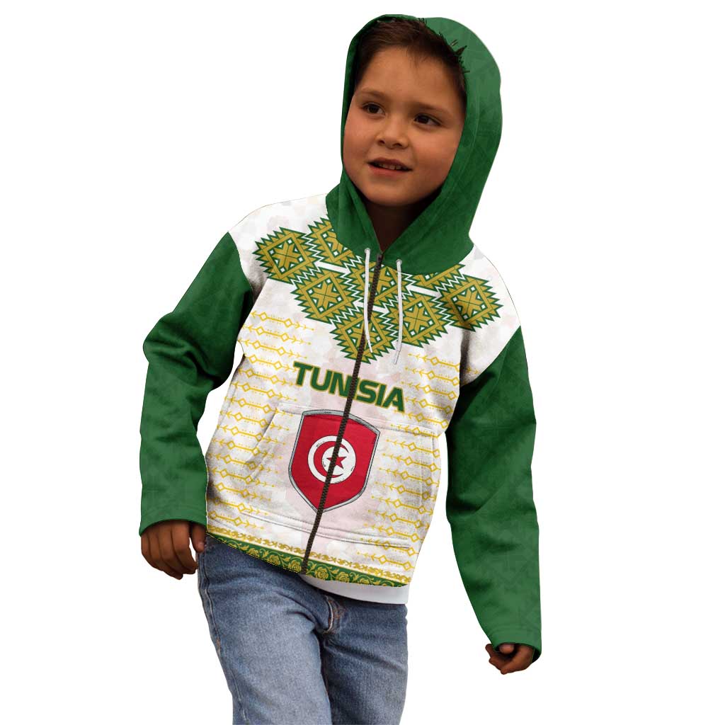 Tunisia Flag Traditional Tribal Pattern Green and White Pullover Kid Hoodie with National Crest and Emblem