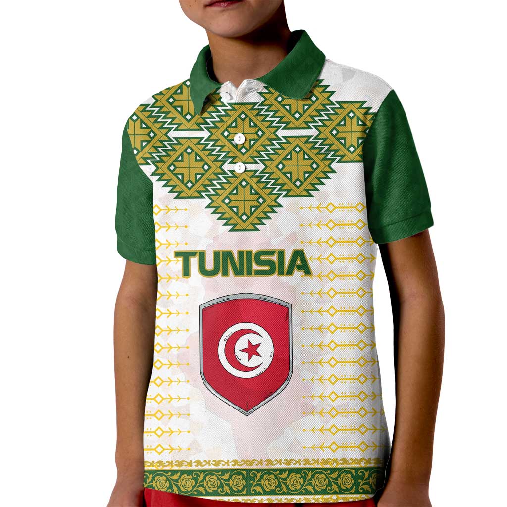 Tunisia Flag Traditional Tribal Pattern Green and White Pullover Kid Polo Shirt with National Crest and Emblem