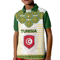 Tunisia Flag Traditional Tribal Pattern Green and White Pullover Kid Polo Shirt with National Crest and Emblem
