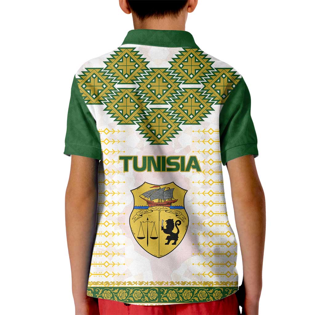 Tunisia Flag Traditional Tribal Pattern Green and White Pullover Kid Polo Shirt with National Crest and Emblem