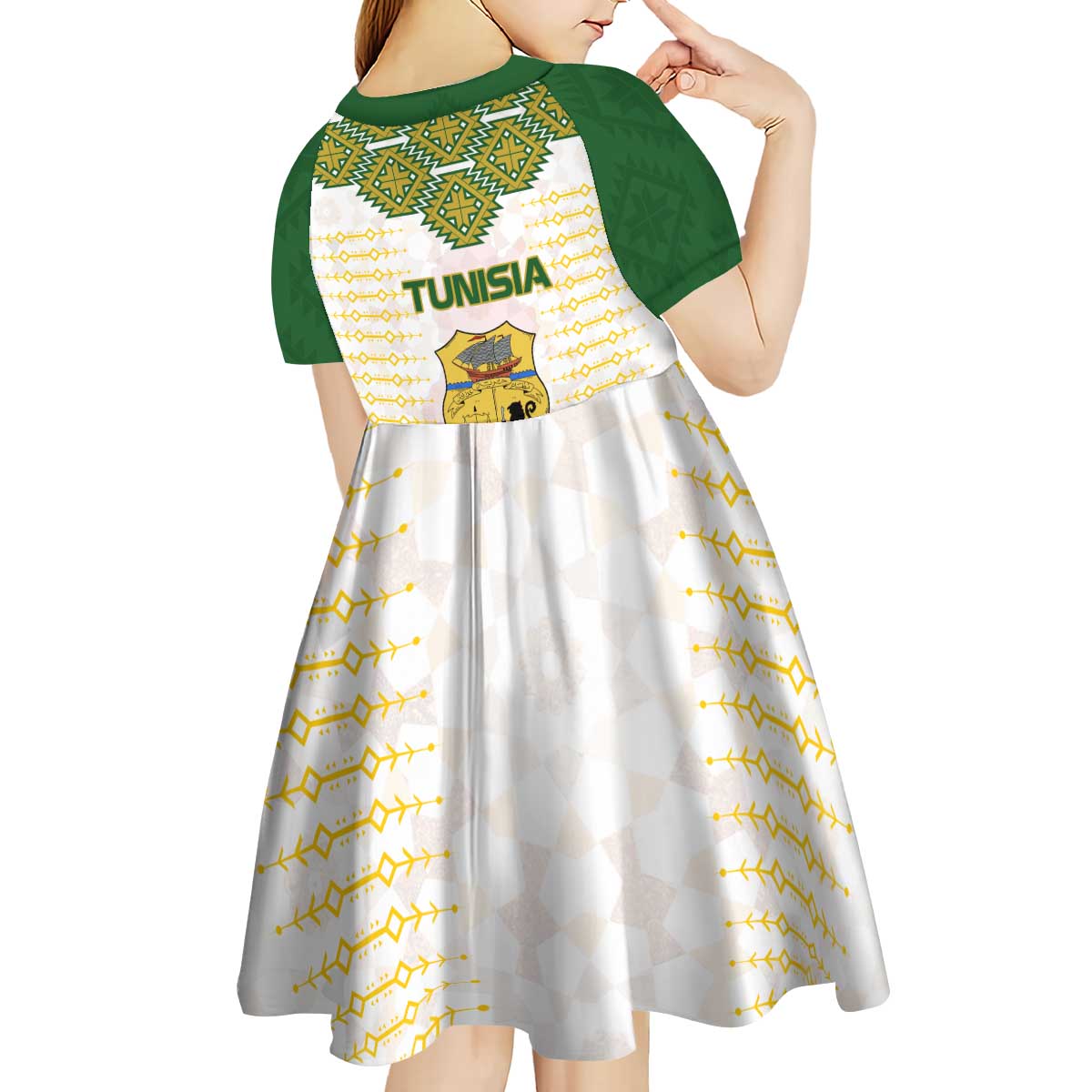 Tunisia Flag Traditional Tribal Pattern Green and White Pullover Kid Short Sleeve Dress with National Crest and Emblem