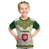 Tunisia Flag Traditional Tribal Pattern Green and White Pullover Kid T Shirt with National Crest and Emblem