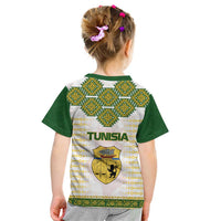 Tunisia Flag Traditional Tribal Pattern Green and White Pullover Kid T Shirt with National Crest and Emblem