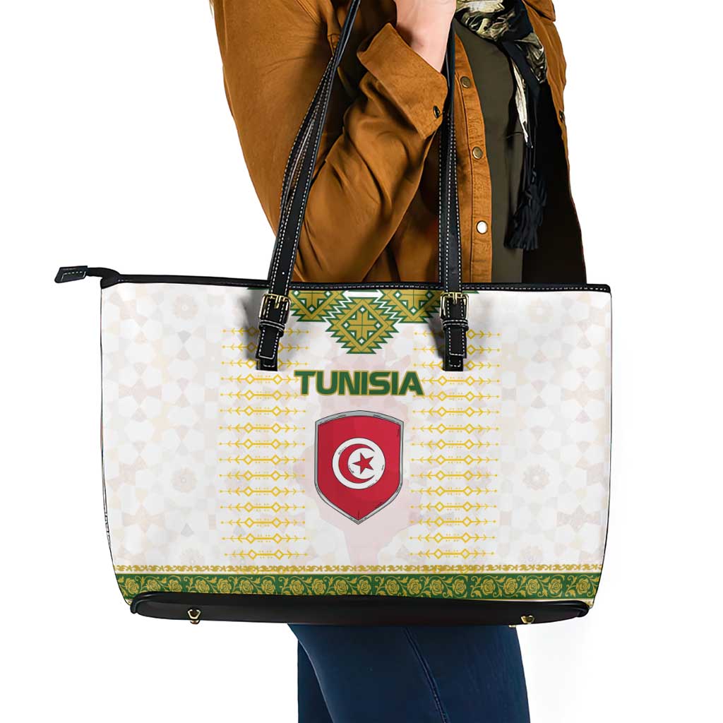 Tunisia Flag Traditional Tribal Pattern Green and White Pullover Leather Tote Bag with National Crest and Emblem