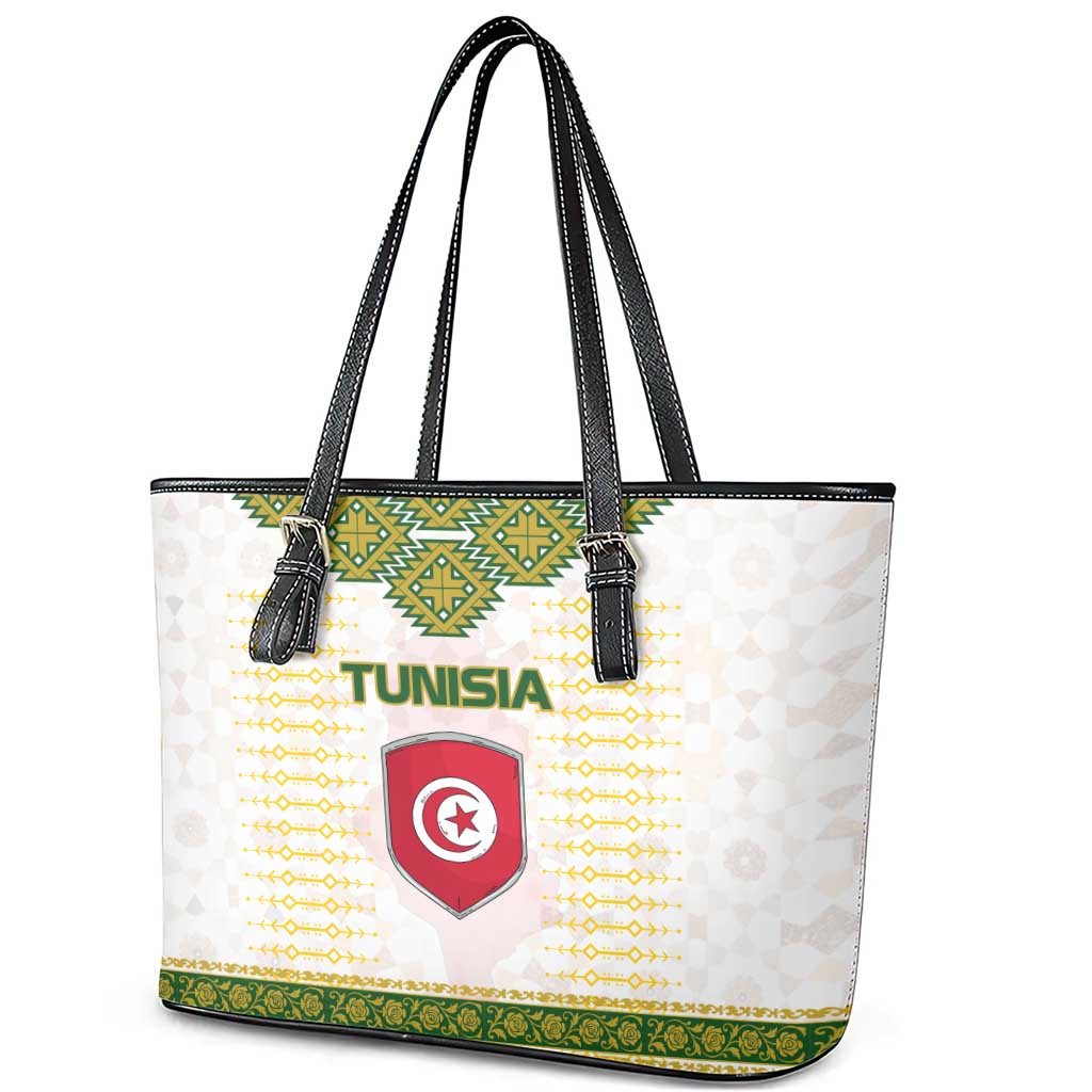 Tunisia Flag Traditional Tribal Pattern Green and White Pullover Leather Tote Bag with National Crest and Emblem