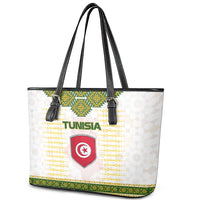 Tunisia Flag Traditional Tribal Pattern Green and White Pullover Leather Tote Bag with National Crest and Emblem